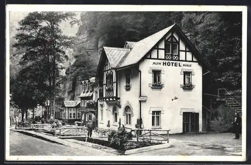 AK Herrnskretschen /Böhm. Schweiz, Hotel zur Mühle, Bes. Carl Wischolit