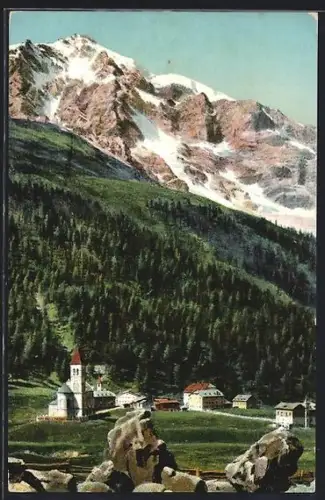 AK St. Gertraud - Sulden, Kirche und Hotel Eller mit dem Ortler