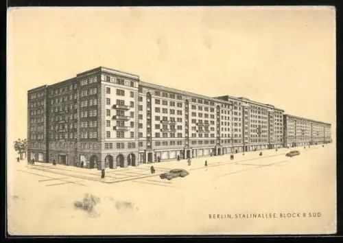 AK Berlin-Friedrichshain, Stalinallee mit Block B Süd