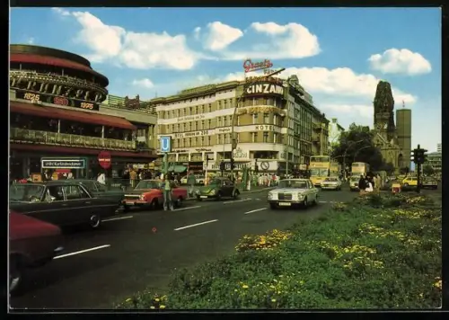 AK Berlin, Kurfürstendamm, Strassenpartie mit Café Kranzler u. Blick zur Kaiser-Wilhelm-Gedächtniskirche, Doppeldeckerbus