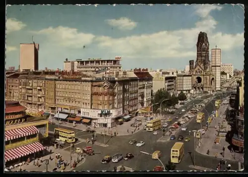AK Berlin, Kurfürstendamm mit Doppeldeckerbussen und Gedächtniskirche