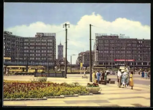 AK Berlin, Alexanderplatz mit Berolinahaus und Strassenbahnen