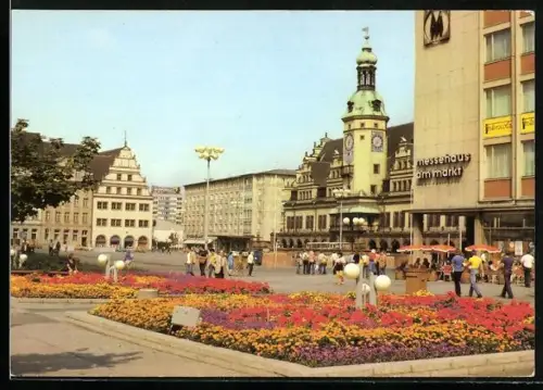 AK Leipzig, Altes Rathaus mit Messehaus am Markt