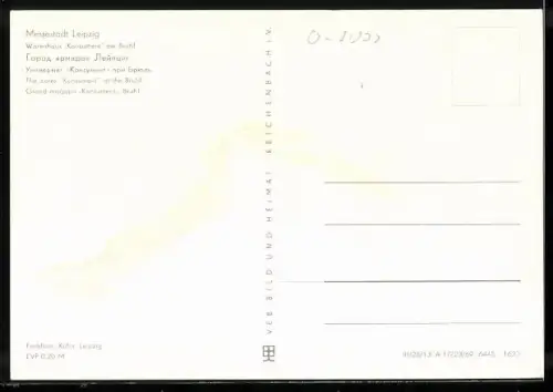 AK Leipzig, Passanten und Strassenbahnen vor dem Warenhaus Konsument am Brühl