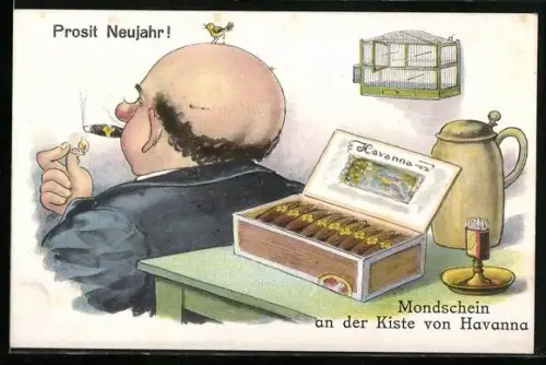 AK Mondschein an der Kiste von Havanna, glatzköpfiger Mann zündet sich eine Zigarre an