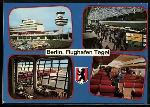 AK Berlin, Flughafen Tegel, Flughafen und Innenansicht aus Passagierflugzeug