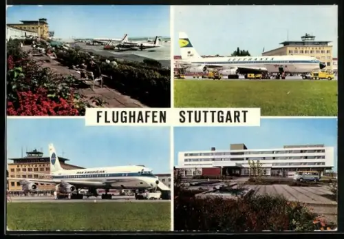 AK Stuttgart, Flughafen, Blick auf die Flughafengebäude, Flugzeuge von Lufthansa und Pan American
