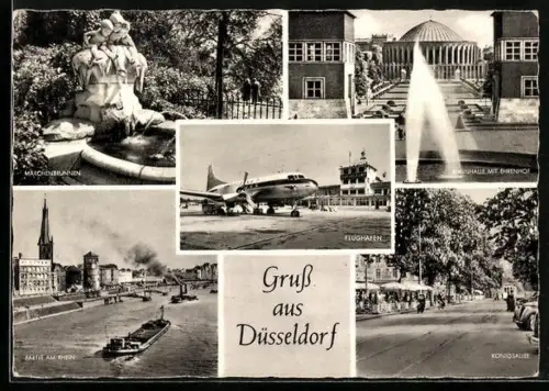 AK Düsseldorf, Märchenbrunnen, Rheinhalle mit Ehrenhof, Königsallee und Flughafen
