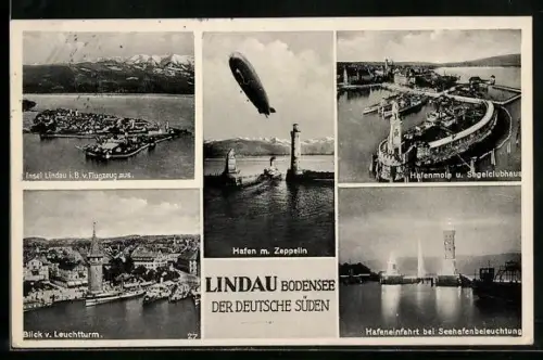 AK Lindau, Blick vom Leuchtturm auf den Ort, Hafen mit Zeppelin, Insel vom Flugzeug aus, Hafenmole