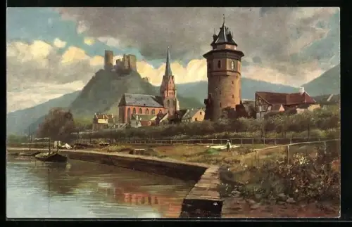 Künstler-AK H. Hoffmann: Oberwesel und die Schönburg, Ansicht vom Wasser aus