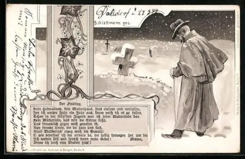 AK Der Findling, Kein Heimatland, kein Mutterland..., Mann nachts vor Grab im Schnee, Elterngrab