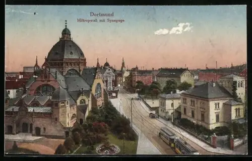 AK Dortmund, Hiltropwall mit Synagoge, Strassenbahn