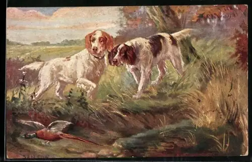 Künstler-AK Jagdhunde und aufgeschreckter Fasan