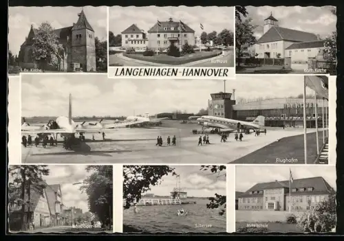 AK Langenhagen, Flugzeuge auf dem Flughafen, Mittelschule, Rathaus