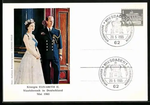 AK Königin Elisabeth II. und Gatte, Staatsbesuch Deutschland 1965 mit Sonderstempel