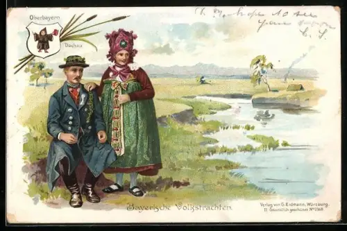 Lithographie Paar aus Dachau in bayerischer Tracht