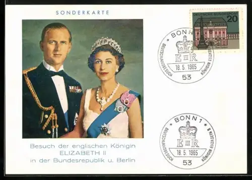 AK Deutschland, Staatsbesuch 1965, Porträts Königin Elizabeth II. von England mit Gemahl in Uniform