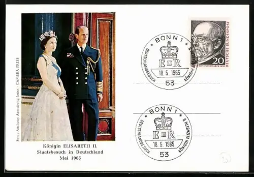 AK Königin Elisabeth II. und Gatte, Staatsbesuch Deutschland 1965 mit Sonderstempel