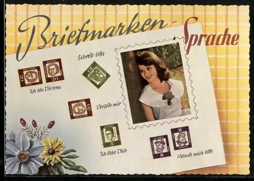 AK Erklärung der Briefmarkensprache, junge Frau romantischer Gesinnung
