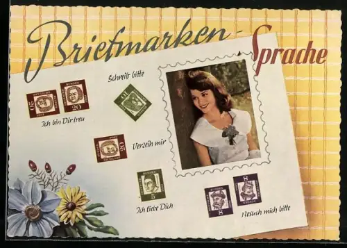 AK Erklärung der Briefmarkensprache, junge Frau romantischer Gesinnung