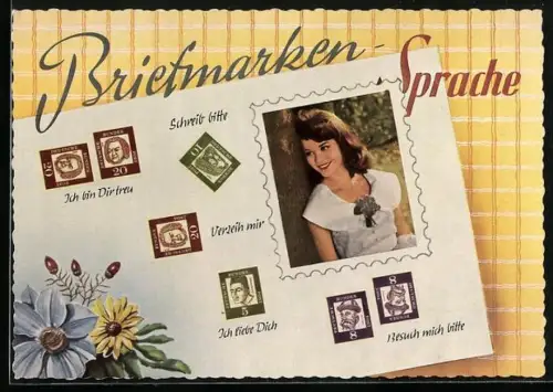 AK Erklärung der Briefmarkensprache, junge Frau romantischer Gesinnung