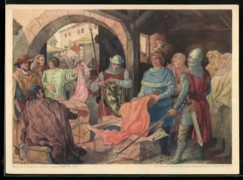 AK Leipziger Messe anno 1268, Stoffhändler preist seine Waren an