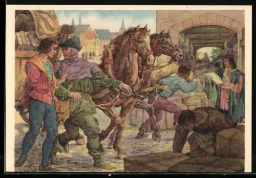 Künstler-AK Leipziger Messe anno 1433 - Errichtung von Stapel-Lagern