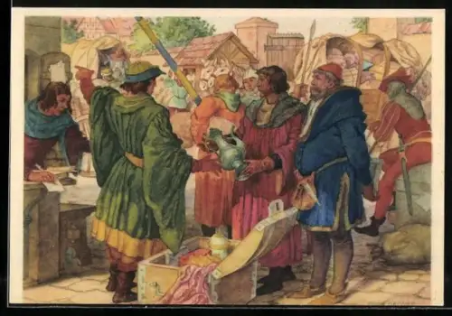 Künstler-AK Leipziger Messe anno 1388, Vor den Zollschranken