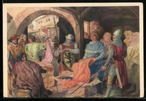 Künstler-AK Leipzig, Leipziger Messe anno 1268, Schutz fremder Kaufleute