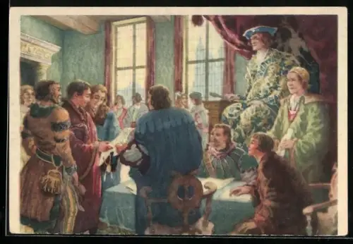 Künstler-AK Leipzig, Leipziger Messe anno 1497, Messeprivileg Maximilians I.