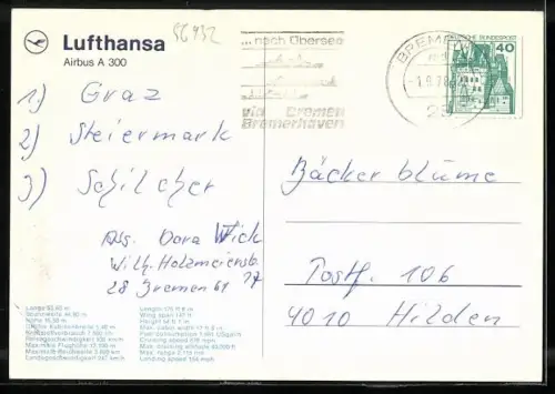 AK Passagierjet Airbus A 300 über den Alpen, Lufthansa, tech. Daten, Flugzeug