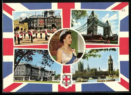 AK London, Königin Elizabeth II. von England, Big Ben, Tower Bridge, Schloss, Leibgarde