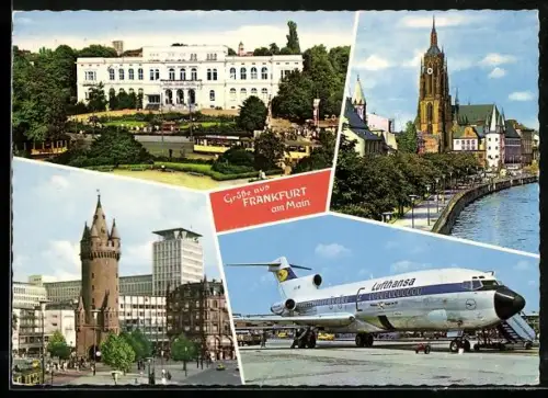 AK Flughafen Frankfurt am Main, Lufthansa Flugzeug, Gesellschaftshaus am Zoo, Dom, Eschenheimer-Turm