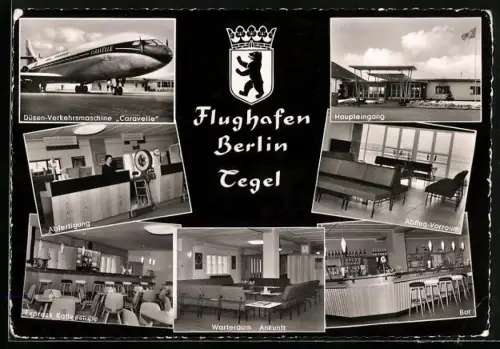 AK Berlin, Flughafen Tegel, Düsen-Verkehrsmaschine Caravelle, Innenansichten Abflug-Vorraum und Bar