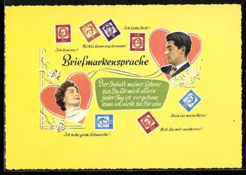 AK Erklärung der Briefmarkensprache, von Herzen gerahmtes Paar, Der Inhalt meines Lebens...