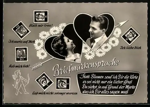 AK Briefmarkensprache, Statt Blumen send` ich Dir die Karte..., Herzen mit Pfeil