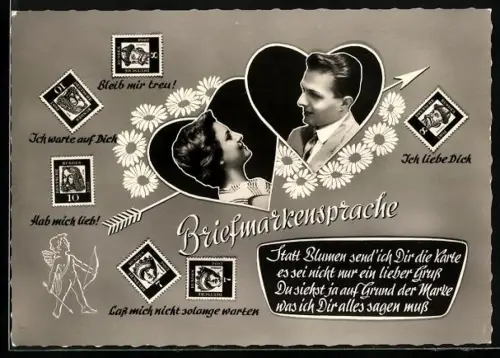 AK Briefmarkensprache, Statt Blumen send` ich Dir die Karte..., Herzen mit Pfeil