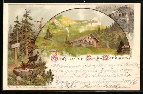 Lithographie Schliersee, Rotwandhaus, Böcklein-Hütte, Gemse am Waldesrand, 3 Ansichten