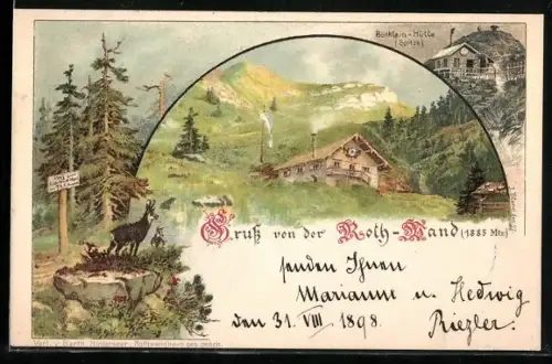 Lithographie Schliersee, Rotwandhaus, Böcklein-Hütte, Gemse am Waldesrand, 3 Ansichten
