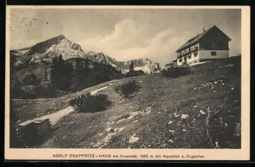 AK Adolf Zoeppritz-Haus am Kreuzeck, Ansicht mit Alp- u. Zugspitze