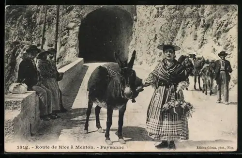 AK Menton, Route de Nice - Paysanne, Bäuerin in Tracht und Esel