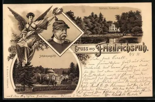 Lithographie Friedrichruh, Schlossansicht, Schloss Parkseite, Portrait Schlossherr