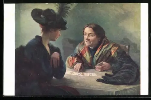 Künstler-AK Die Kartenschlägerin, Hellseher legt die Karten