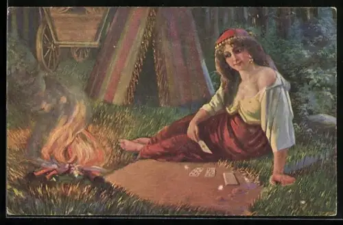 AK Hellseherin beim Kartenlegen am Lagerfeuer