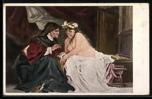 Künstler-AK junge Frau mit nackten Brüsten bei einer Wahrsagerin