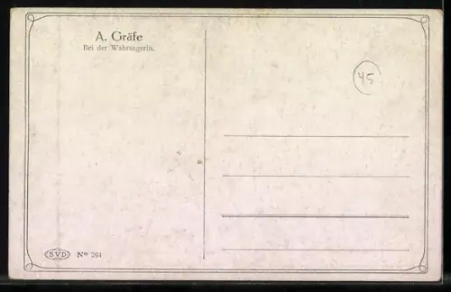 Künstler-AK junge Frau mit nackten Brüsten bei einer Wahrsagerin