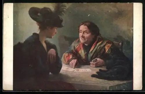 Künstler-AK Die Kartenschlägerin, Hellseher legt die Karten