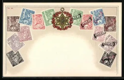 AK Carte philatélique déposée D.R.G.M. No. 65, Äthiopische Briefmarken mit Pentagramm-Siegel