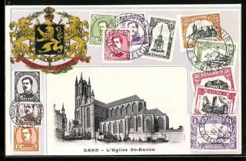 AK Gand, Verschiedene Briefmarken, L`Eglise St-Bavon, geprägtes Wappen mit goldenen Löwen