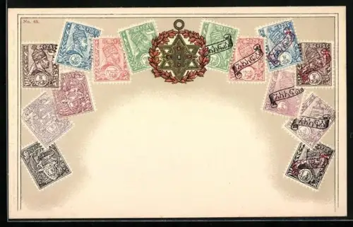 AK Carte philatélique déposée D.R.G.M. No. 65, Äthiopische Briefmarken mit Pentagramm-Siegel